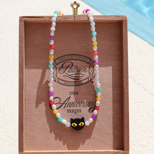 Black Cat Rainbow Pearl Necklace